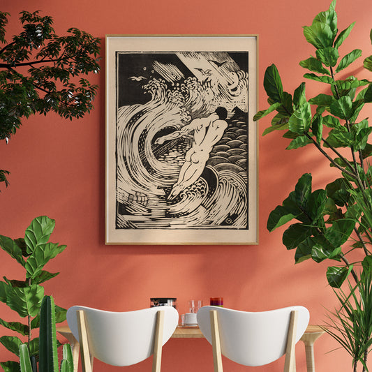 Nude male diving into swirling stormy waves in De visscher by Henri van der Stok poster, framed and displayed in home decor