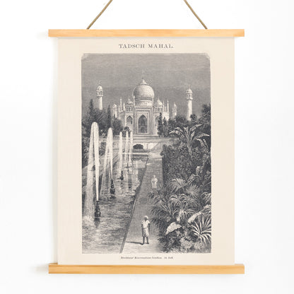 Taj Mahal artwork with fountains and lush gardens by The Institute of Liepzig detailed sketch and poster, with wooden magnetic frame on white background