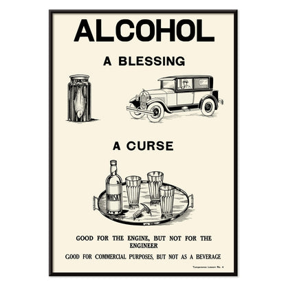 Poster promoting alcohol prohibition by Dominion Scientific Temperance Committee showing contrasting uses and titled Alcohol A Blessing A Curse with car and bottles, with black aluminium frame on white background