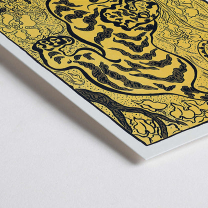 Closeup detail of Tiger in the Jungle by Paul Ranson stylized illustration and poster of a tiger prowling through dense jungle foliage