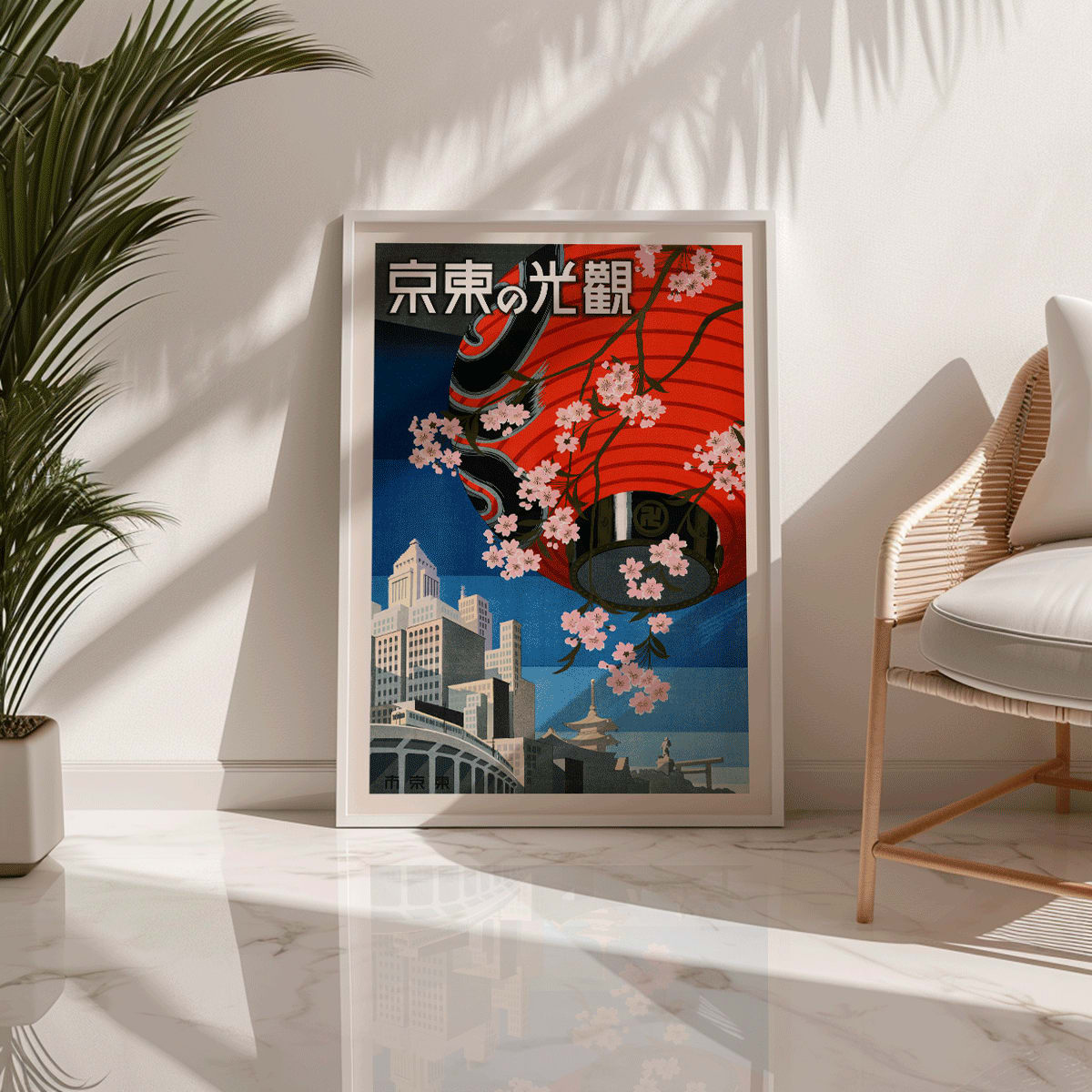 Colorful vintage travel poster of Come to Tokyo with large red lantern cherry blossoms cityscape and pagoda illustrations, framed and displayed in home decor