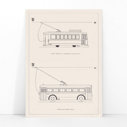 Technical drawings poster of tram Tranvia Serie 701 712 and trolleybus Trolebus Serie 550 589 by Maquitrans, framed and displayed in modern living room decor