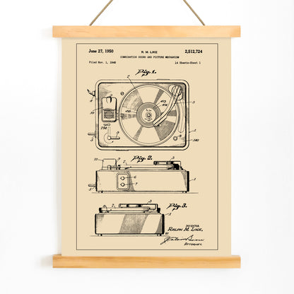 Vintage turntable patent illustration and technical drawing poster by R M Like ideal music lover decor, with wooden magnetic frame on white background