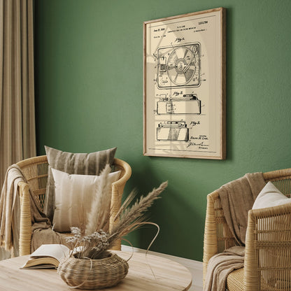 Vintage turntable patent illustration and technical drawing poster by R M Like ideal music lover decor, framed and displayed in home decor