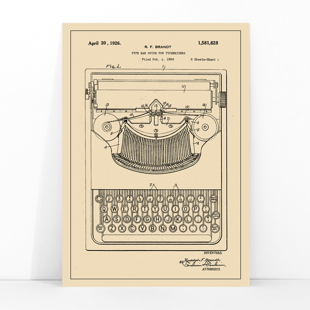 Vintage typewriter patent illustration by R F Brandt with technical details and drawing, framed and displayed in modern living room decor