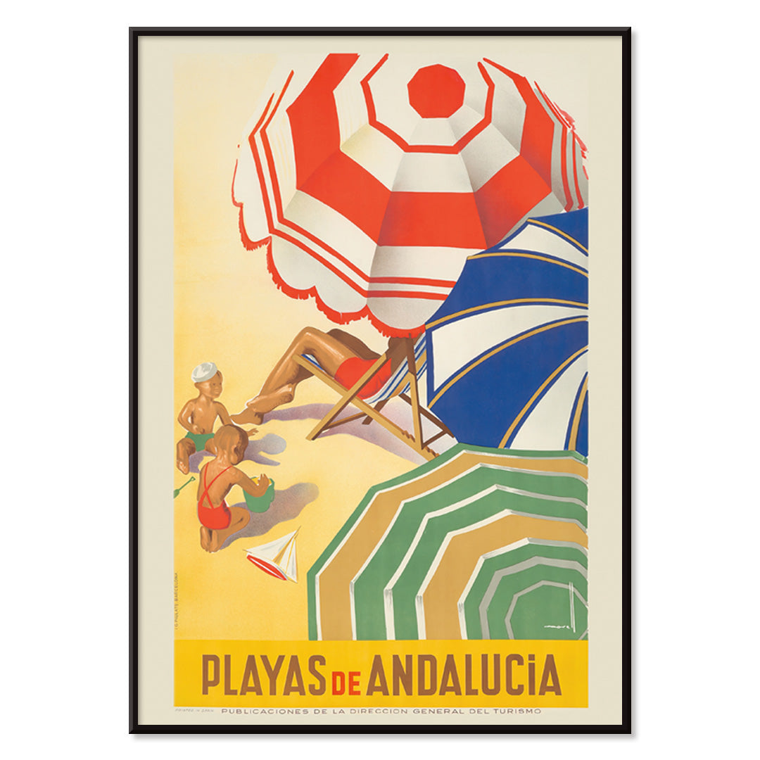 Vintage beach scene with colorful umbrellas children playing and sunbathers on sand Playas de Andalucia by Jose Morell tourism artwork, with black aluminium frame on white background