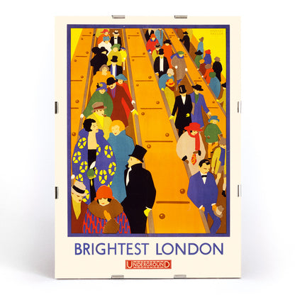 Colorful crowds on London Underground escalators artwork Brightest London by Horace Taylor poster, framed and displayed in modern living room decor