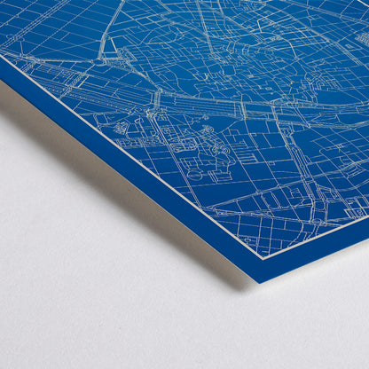 Closeup detail of Minimalist Valencia Map poster by artist Minimalist featuring a detailed blue and white city map and skyline