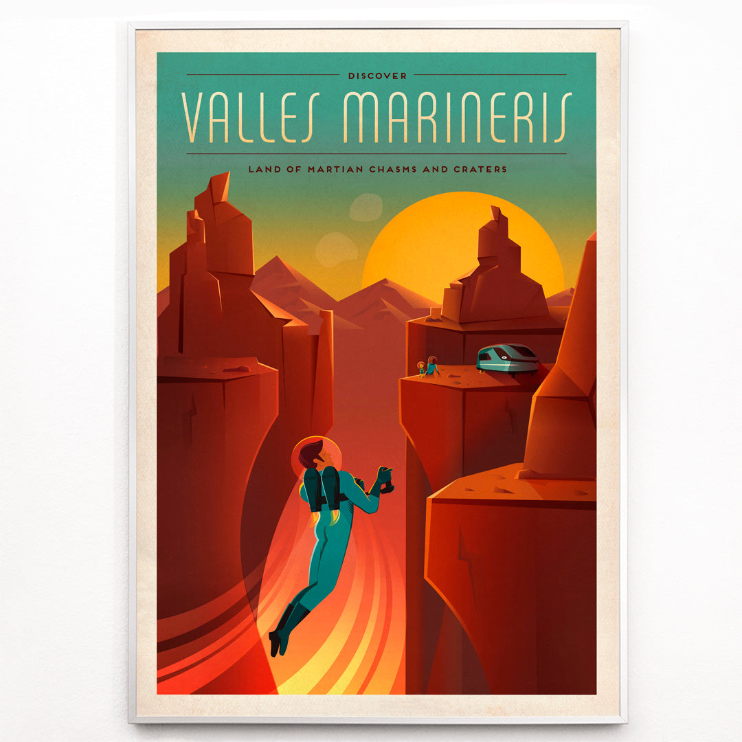 Closeup detail of Astronaut exploring red Martian canyons at sunset in Valles Marineris by SpaceX poster