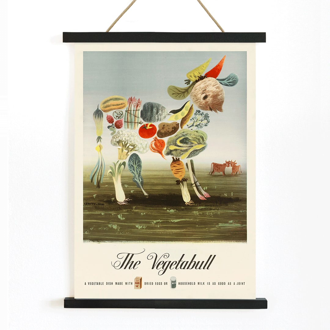 The Vegetabull by Lewitt-Him painting and poster showing a bull made of vegetables on grass background, with wooden magnetic frame on white background