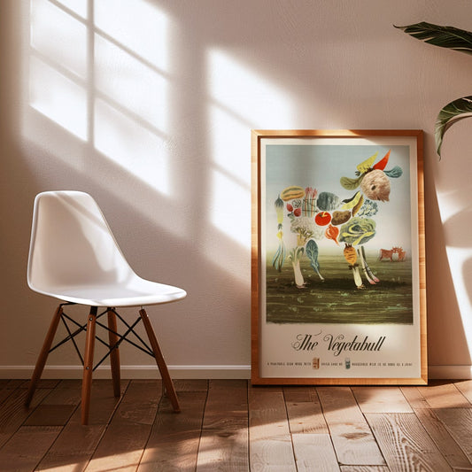 The Vegetabull by Lewitt-Him painting and poster showing a bull made of vegetables on grass background, framed and displayed in home decor