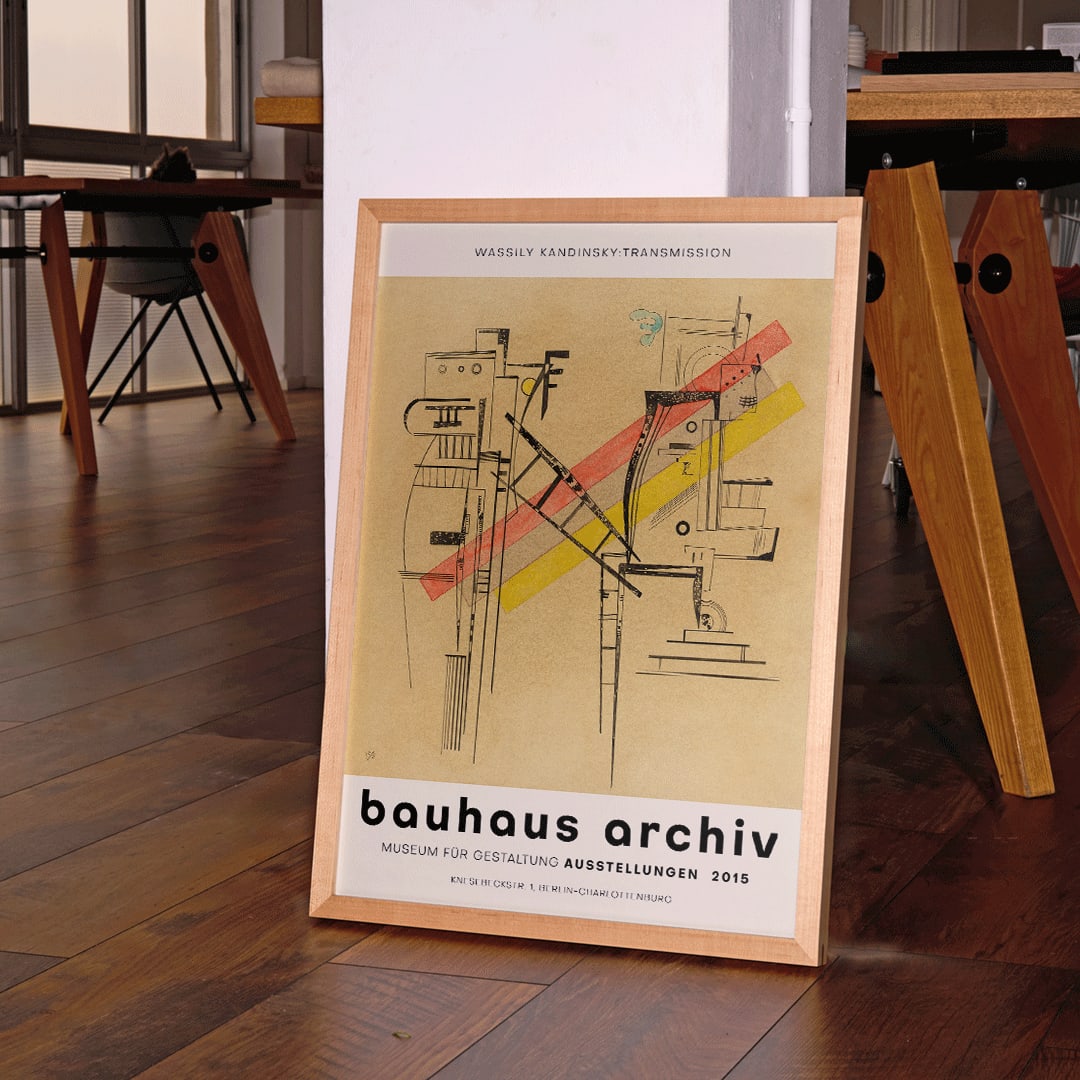 Transmission by Wassily Kandinsky abstract geometric forms poster at Bauhaus Archiv Museum Berlin exhibition, framed and displayed in home decor