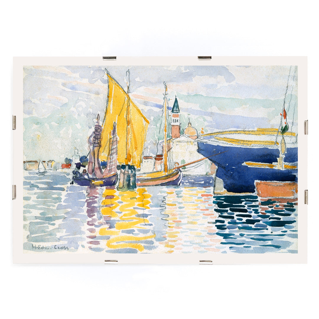 Venice The Giudecca by Henri Edmond Cross colorful sailboats and canals with vibrant reflections poster artwork, framed and displayed in modern living room decor