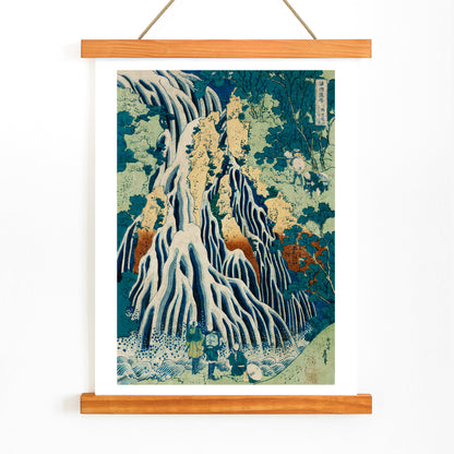 Dramatic waterfall with figures in lush forest landscape Shimotsuke Kurokami Yama Kurifuri no Taki by Katsushika Hokusai poster, with wooden magnetic frame on white background