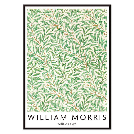 Willow Bough by William Morris leafy botanical pattern poster with intricate green willow branches and leaves on light background, with black aluminium frame on white background