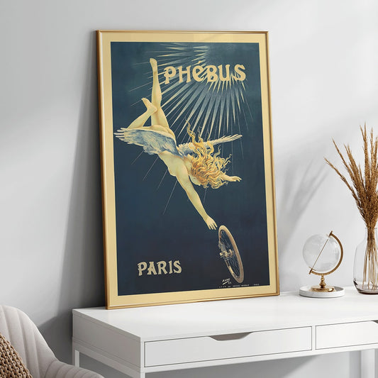 Poster of a winged figure with golden hair falling toward a bicycle wheel in Phébus by Henri Boulanger Gray, framed and displayed in home decor