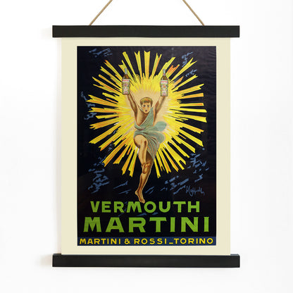 Vintage advertising poster of Vermouth Martini by Leonetto Cappiello featuring a vibrant figure holding bottles with yellow rays burst in the background, with wooden magnetic frame on white background