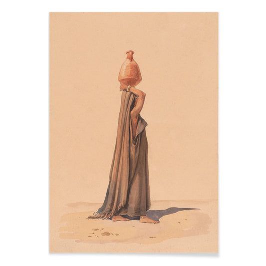 Water carrier by Emile Prisse dAvennes woman in traditional attire carrying water jug on head in desert scene artwork, with black aluminium frame on white background
