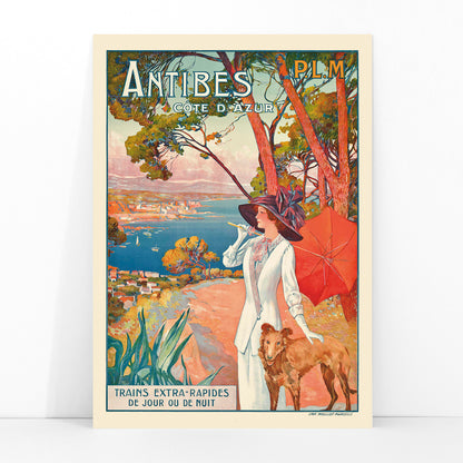 Elegant lady with dog and stylish woman with red umbrella overlooking Antibes French Riviera coastline by David Dellepiane, framed and displayed in modern living room decor