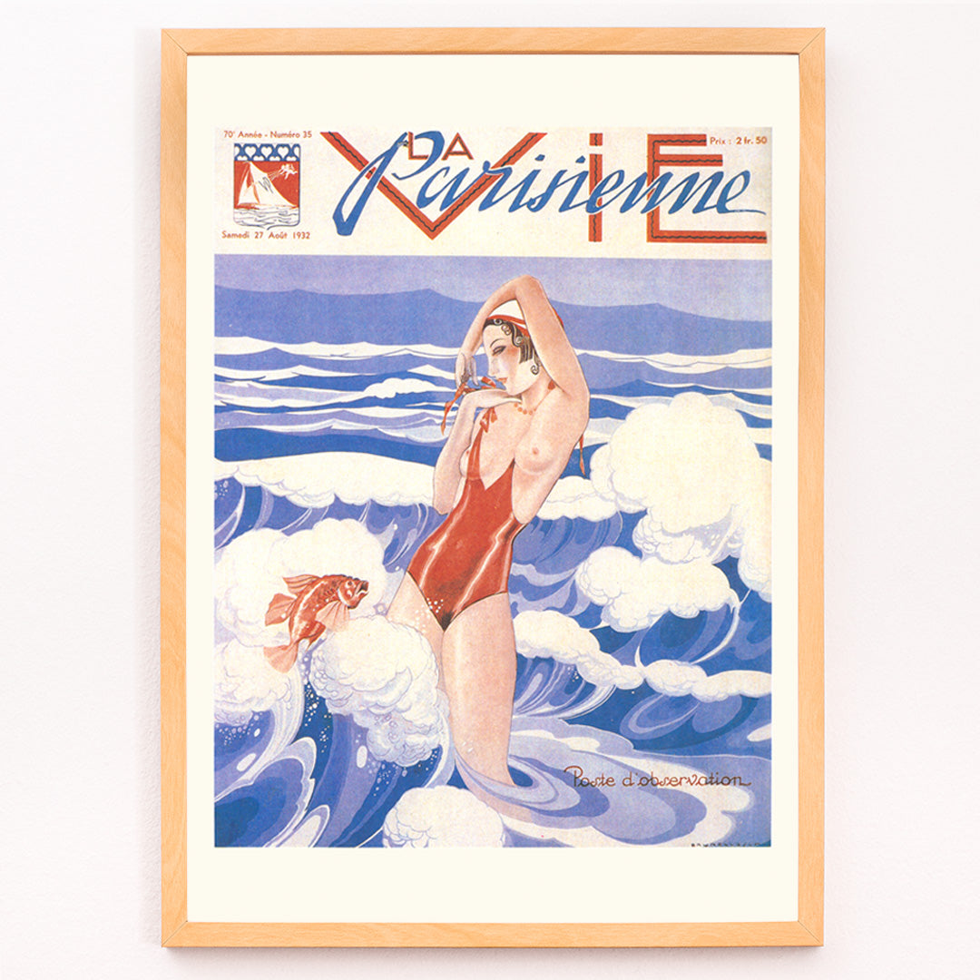 Closeup detail of Art Deco poster of La Vie Parisienne by Umberto Brunelleschi showing a woman in a red swimsuit standing in ocean waves with a fish