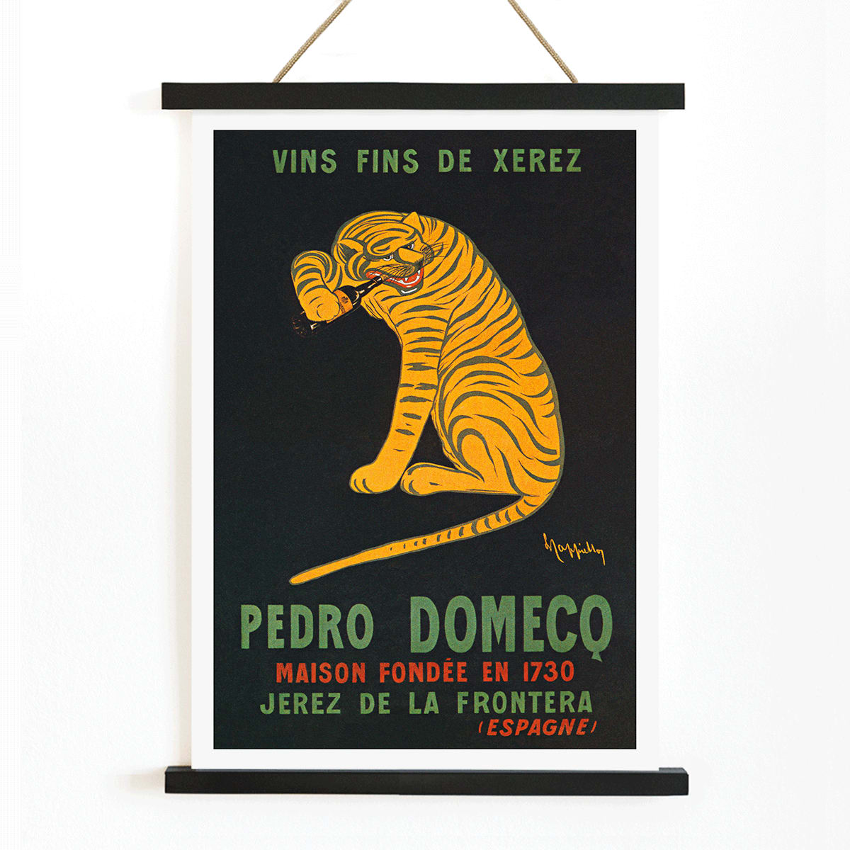 Leonetto Cappiello poster of a playful tiger on black background promoting Xerez Pedro Domeco wine, with wooden magnetic frame on white background