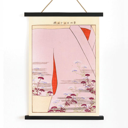 Yachigusa v 15 Pl 24 by Seiko Ueno kimono with delicate floral patterns and red accents poster close up, with wooden magnetic frame on white background