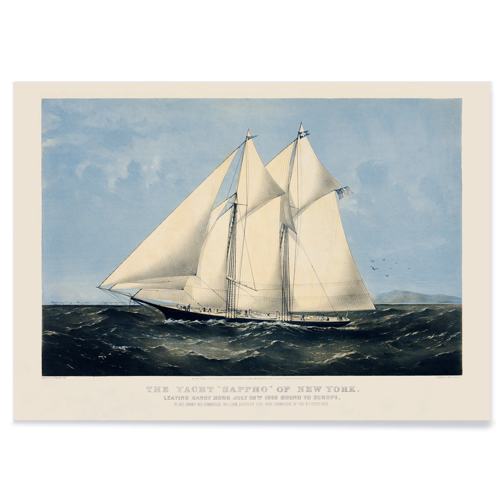 Chromolithograph artwork of Yacht Sappho sailing on the ocean by Currier and Ives poster showing sailing yacht at sea titled Chromolithograph of the yacht Sappho of New York, with black aluminium frame on white background