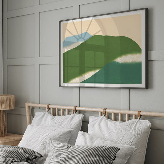 Landscape painting and poster of abstract green and blue hills Yoshino by Kamisaka Sekka, framed and displayed in home decor