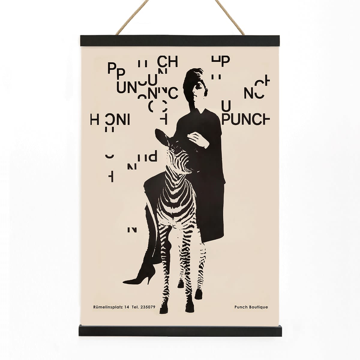 Fashionable woman with zebra by Paul Mitzkat Punch Boutique Poster featuring monochrome design and floating text elements, with wooden magnetic frame on white background