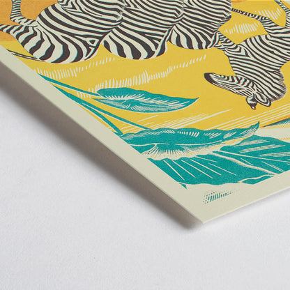 Closeup detail of Zebras drinking at a waterhole in vibrant jungle scenery illustration by Clifford Webb from A Jungle Picnic Pl 25 Zebra poster