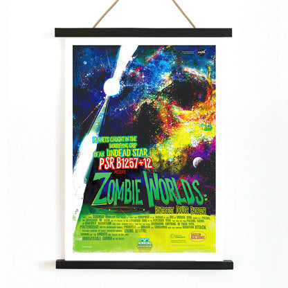 Colorful cosmic-themed NASA artwork titled Zombie Worlds showing planets around an undead star with poster text in a vibrant space scene, with wooden magnetic frame on white background